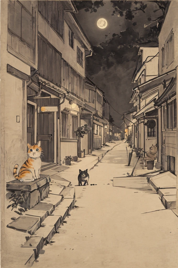 cat, orange, cute, big eyes, masterpiece, full moon, alley