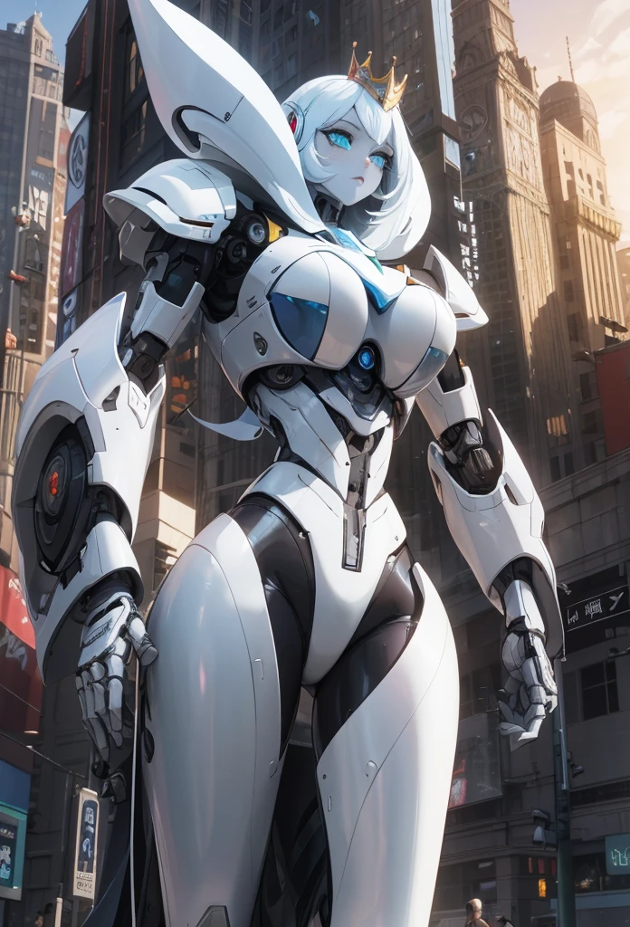 (Detailed illustrations,Very detailed and detailed drawing,Delicate lines with slow and rapid,Realistic texture expression),[Color tressed main line],[Skyscrapers of a modern city can be seen in the distance], ((ANIME)) (Giant white ROBOTGirl SKINNY towering over the building street [Total length 40 meters]),[AUTOMATON] (ROBOT FACE [Luminescent eyes]) [Chain-shaped hair] (Delicate thin fingers) (MACHINEKNIGHT [Titanium skeleton]),[It is called the princess lily of white porcelain] Large crown with large raised shoulder rests (Elegant appearance with a lot of curved surfaces Smooth body surface) (Ruffle Petticoat) [White lily pattern],[[TITANWEAPON]] Mecha Body Metal Skin [Cable running down the body surface [gear wheel]],[Platinum coating],[Science Fiction Mechanical],(Huge feeling),(Intricate and beautiful decoration [Dense detail]),(Fine and beautiful skin expression [Transparency]),[完璧な目のdetaileds (Iris beautifully drawn in every detail)[Jewel-like eyes]],[long and beautiful eyelashes],[Meticulously drawn hair [美しく艷やかな髪のdetaileds]],(完璧な手のdetaileds [Beautiful fingers without breakdowns [Beautiful nails]]),(Perfect Anatomy(Perfectly proportioned))[[Full body like]],[Ideal color coordination(Accurate simulation of light-material interactions)],([Precision Detail](detaileds,high-detail)),[Visual art that conveys a sense of narrative].