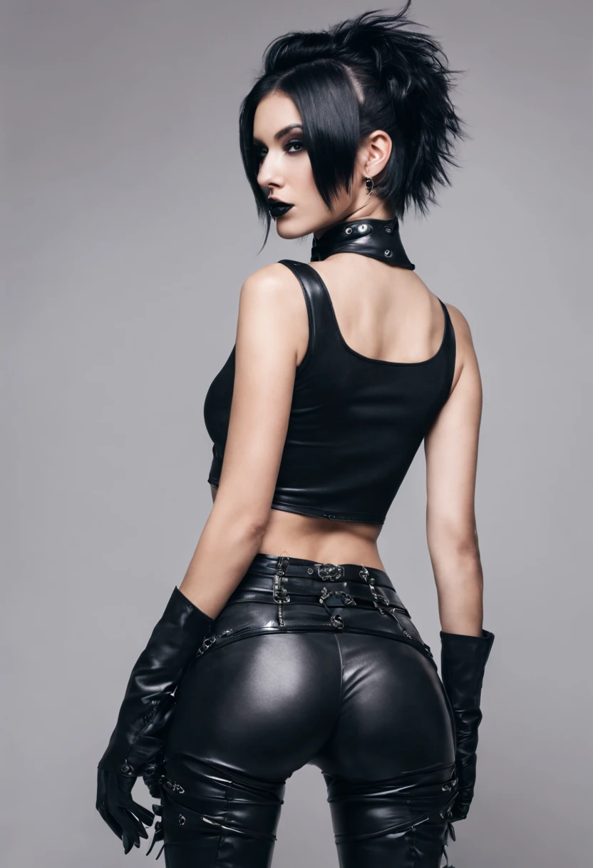 back shot, a sexy handsome woman, petite figure, edgy and bold hairstyle, goth girl, rubber and leather, high black boots, hip panty, crop top, seductive
