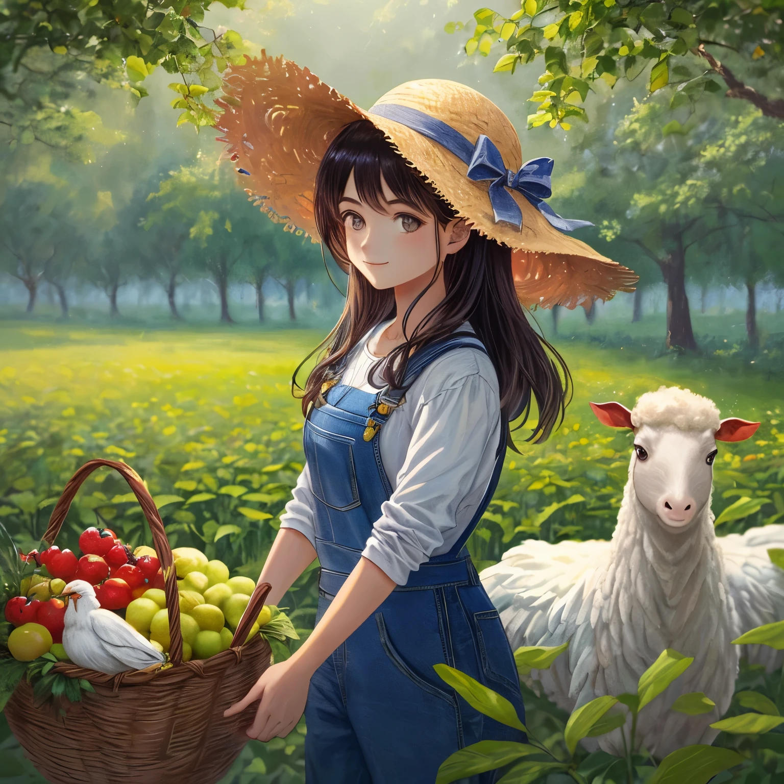 A girl taking care of farm animals, surrounded by lush greenery, under a bright sunny sky. A picturesque scene with a rustic charm and peaceful atmosphere. The girl is wearing a straw hat and denim overalls, radiating joy and contentment. The farm animals include fluffy sheep, cheerful chickens, and a friendly cow. The girl is holding a basket full of freshly picked fruits and vegetables, showcasing her hard work and connection to nature. The medium is a vibrant oil painting, capturing the beauty of the farm with rich colors and intricate brushstrokes. The artwork exhibits best quality, 4k resolution, and high attention to detail. The style is a blend of traditional landscape and impressionism, evoking a sense of nostalgia and tranquility. The color palette is dominated by warm earth tones, accentuating the cozy and inviting atmosphere. The lighting is natural and soft, casting gentle shadows and creating a play of light and shade.