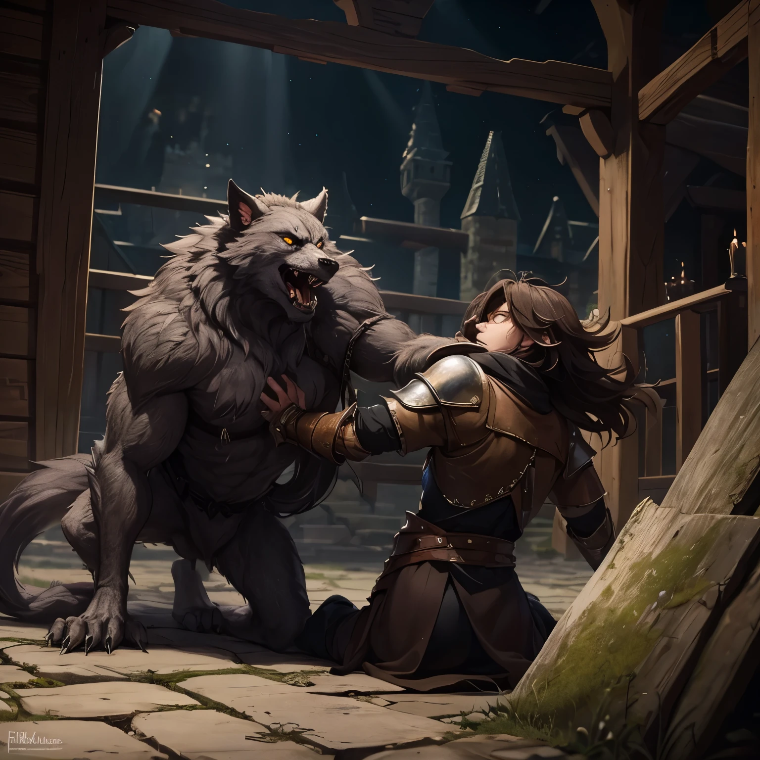 Fight between two werewolves from medieval times, Gloomy Illumination.