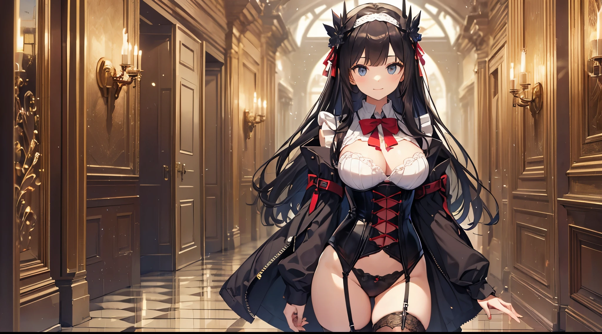 ((4k、8k、top-quality、perfect fingers: 1.3、perfect anatomia: 1.3、Background blur))、(Transformation Sequence)、((Two slender beautiful girls、Open your mouth and smile shyly、cute big droopy eyes、Two side up straight long hair、12 year old girl、Small breasts))、((butler uniform leotard、long-sleeve、corsets、gorgeously decorated headband))、(highleg)、Standing、Full body depiction、wide Shots、Inside the aristocratic hall、