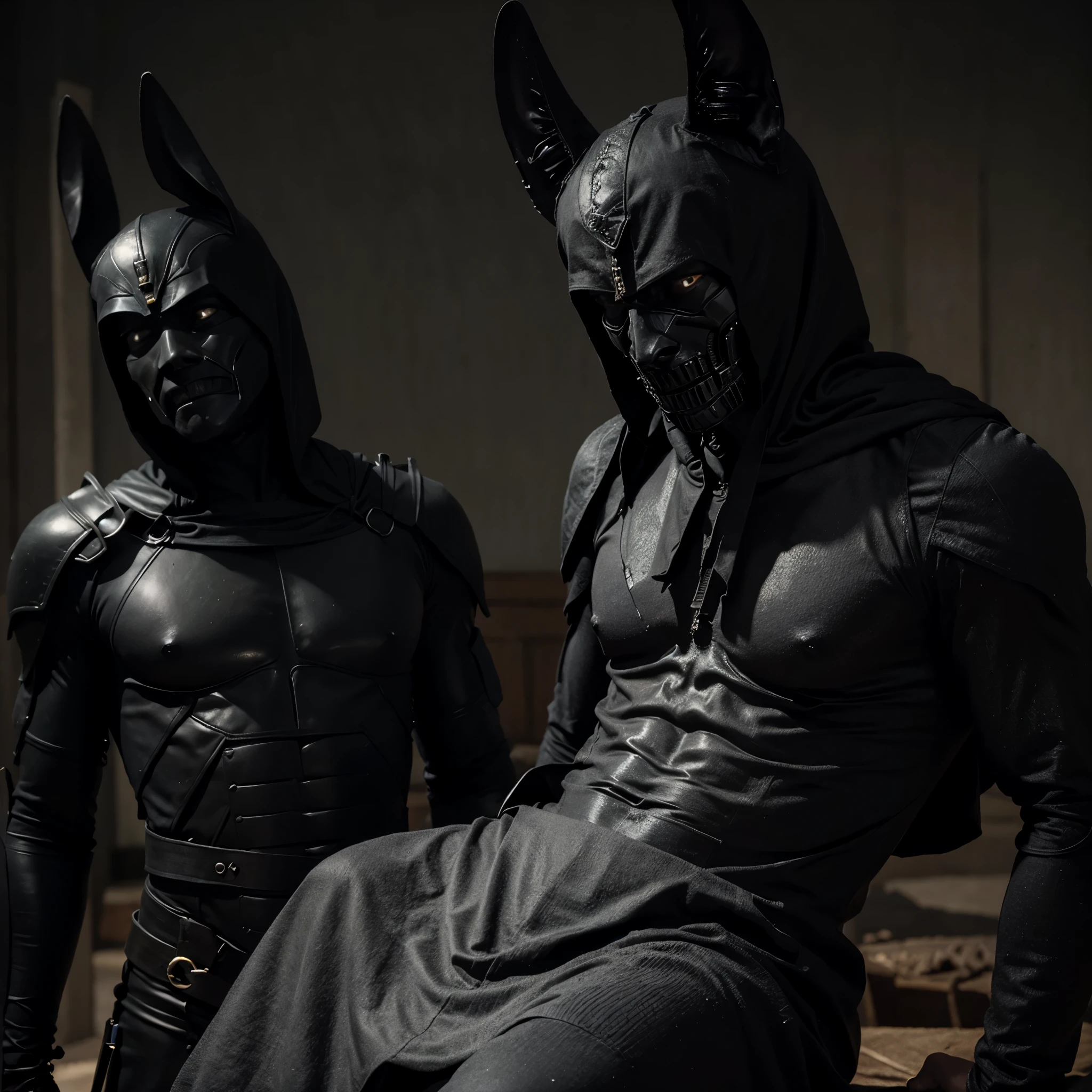 Death in a male figure covered in black and next to Anubis, como uma cena de filme
