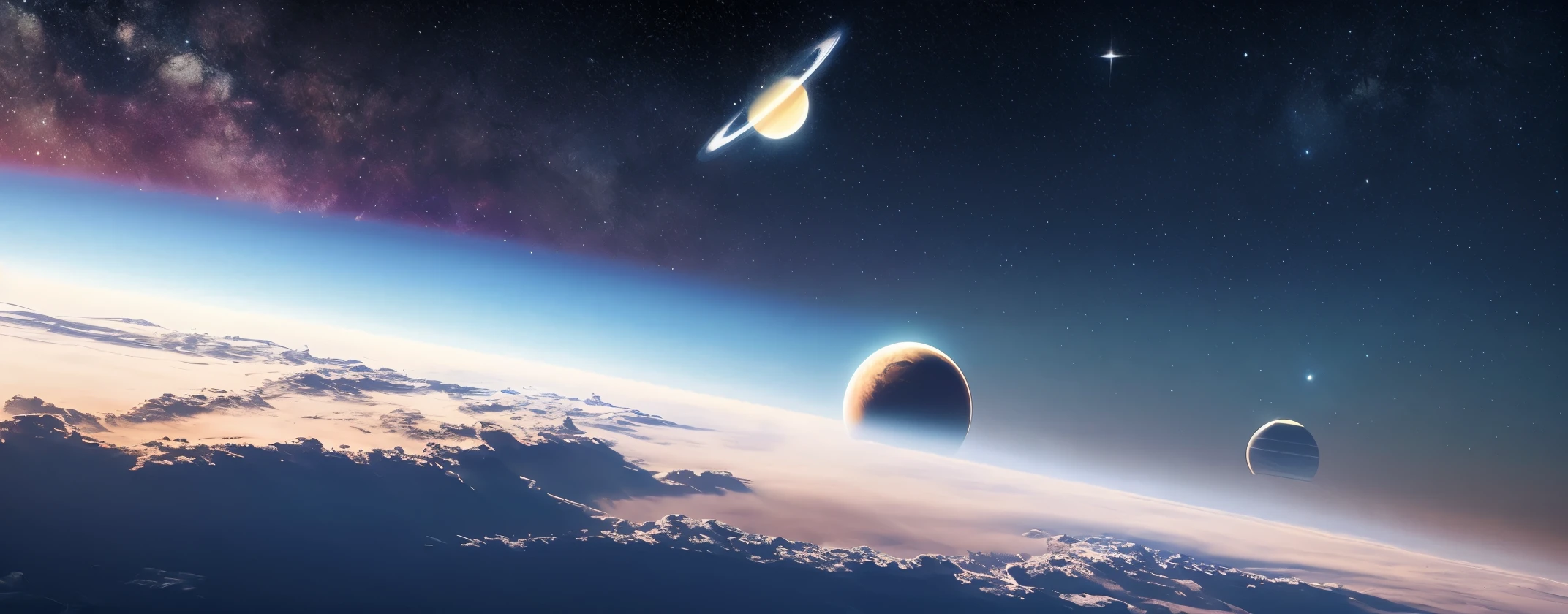 A bright planet in the distance，((very small spaceship))((Dragging(The long)(faint)tail flame))across the planet，The vast and beautiful stars in the universe,Star ring，narnia effect，Roche Limit，NASA HD photos风格，futuristic setting, Future environment，NASA HD photos，science fiction scene,LED，Full- projection，futuristic landscape, sci - fi film still, science fiction scene, science fiction scene, Sci-fi 3D rendering, dramatic lighting sci fi，8kunity 3D HD Wallpaper，