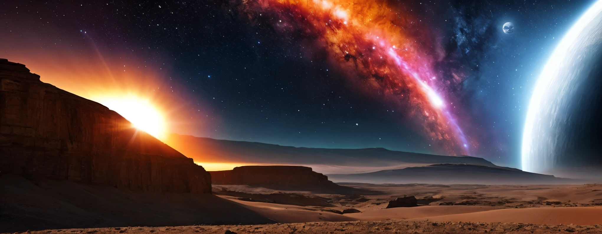 A bright planet in the distance，((very small spaceship))((Dragging(The long)(faint)tail flame))across the planet，The vast and beautiful stars in the universe,Star ring，narnia effect，Roche Limit，NASA HD photos风格，futuristic setting, Future environment，NASA HD photos，science fiction scene,LED，Full- projection，futuristic landscape, sci - fi film still, science fiction scene, science fiction scene, Sci-fi 3D rendering, dramatic lighting sci fi，8kunity 3D HD Wallpaper，