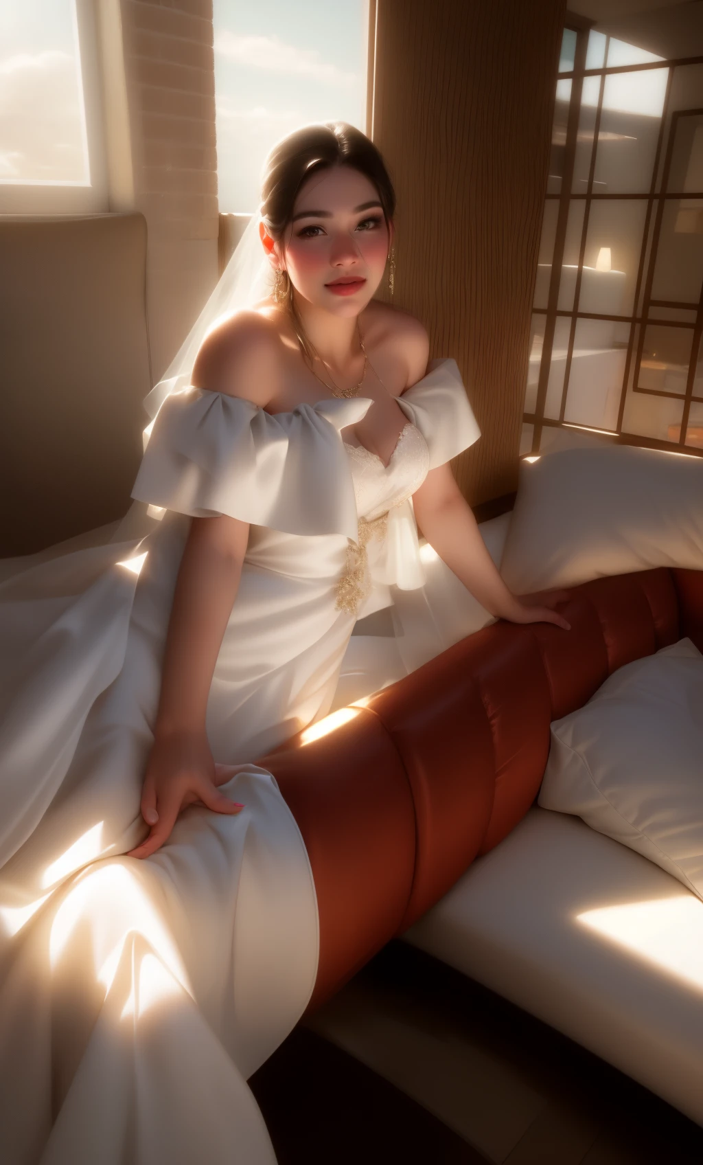 bride posing on a couch in a hotel room with a brick wall, taken with canon 8 0 d, wearing long gown, wearing organza gown, taken with canon eos 5 d mark iv, shot with canon eoa 6 d mark ii, taken with canon 5d mk4, shot on canon eos r5, shot on canon eos r 5