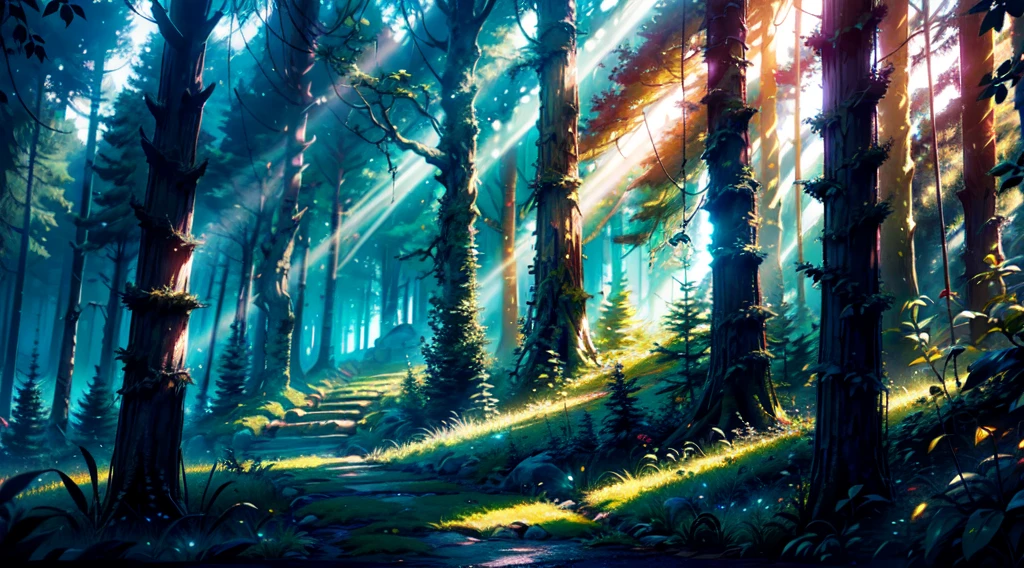An enchanting forest bathed in a radiant glow captivates the eye, each tree, and leaf aglow with an otherworldly luminescence. The ethereal radiance suffuses the woodland, casting a spellbinding aura that transforms the verdant landscape into a realm of pure enchantment. The foliage emits a soft, shimmering light, illuminating the forest floor with a myriad of colors, painting a mesmerizing tapestry of shadows and hues. This shining forest, seemingly alive with its own celestial energy, beckons with an irresistible allure, inviting explorers into a world where nature's beauty transcends the ordinary, creating an atmosphere of unparalleled wonder and magic.