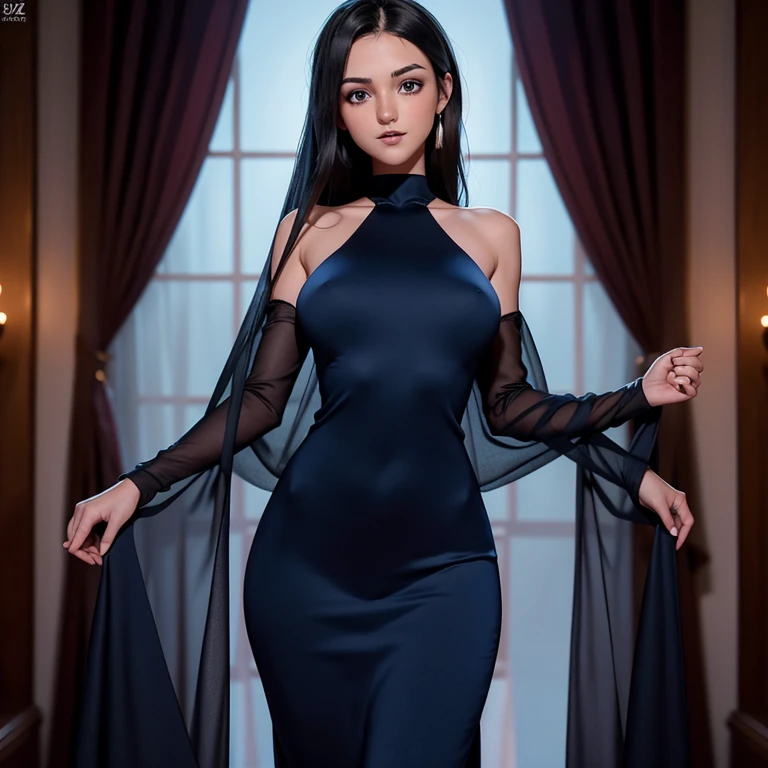 A beautiful and slender 18 year old girl ,vestido ajustado al cuerpo, mangas largas , piel palida ojoz azules ,escote en v , big breasts and well designed body high resolution 12k in details . Sexy y elegante para salida nocturna