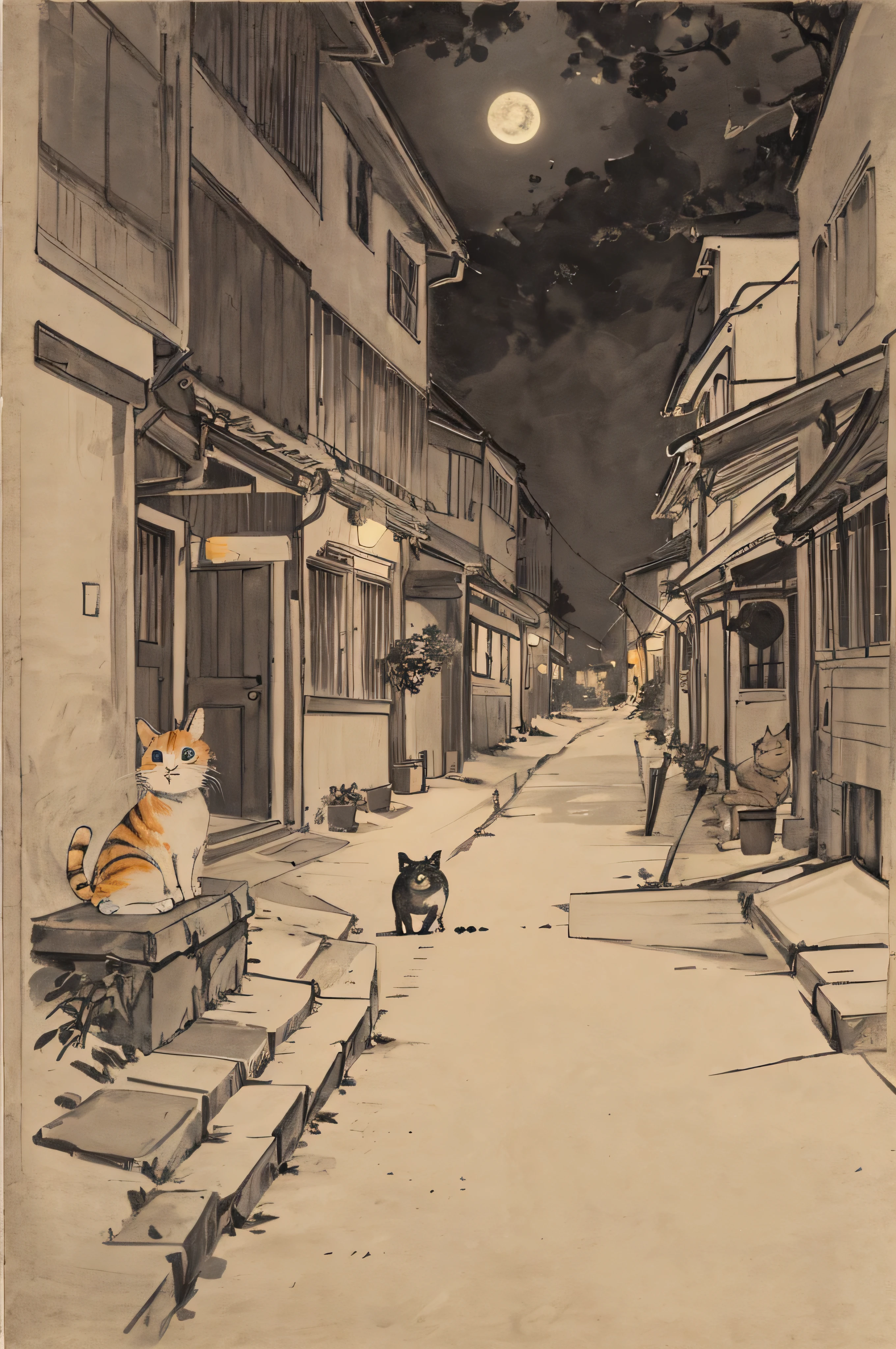cat, orange, cute, big eyes, masterpiece, full moon, alley