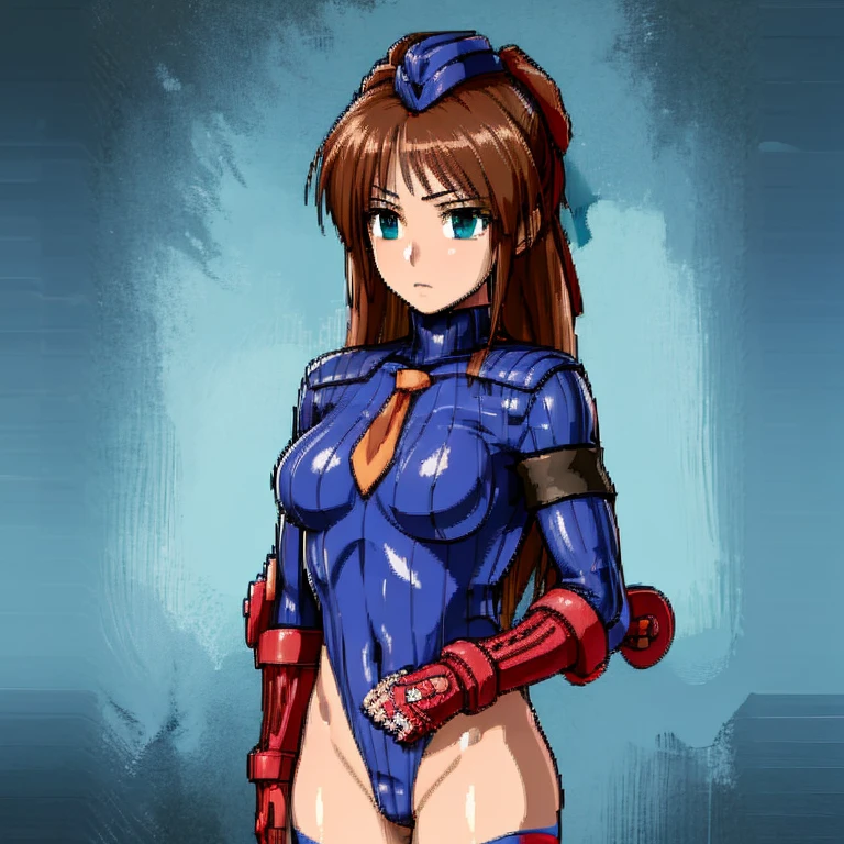 ultra-detailed, Explicit, Beautiful body, Beautiful Nose, Beautiful character design, perfect eyes, perfect face, ultra highres, 4K, beautiful legs, perfect legs, Nice hands, Perfect hand, Masterpiece, Best Quality, Highly detailed, illustration, absurdres, street fighter, doll suit, shadaloo doll, dollsuit, girls, multiple girls, expressionless, blank eyes, looking at viewer, red gloves, emotionless, black latex, corrution, mind control, female combatant, full body, hypnotized, unhappy trance, full body suit, ribbed bodysuit, obey, perfect female body, extremely glossy latex, hypnosis, hypnoLora, empty eyes, Mind control device, poses, brainwashed, submissive_pose, Slave, hat, necktie, belt, latex, garter belt, thighhighs, stand up straight, standing, standing at attention, fighting stance, Yoshinaga Sally, The Brave Express Might Gaine, brown hair, long hair, ribbon, blue eyes