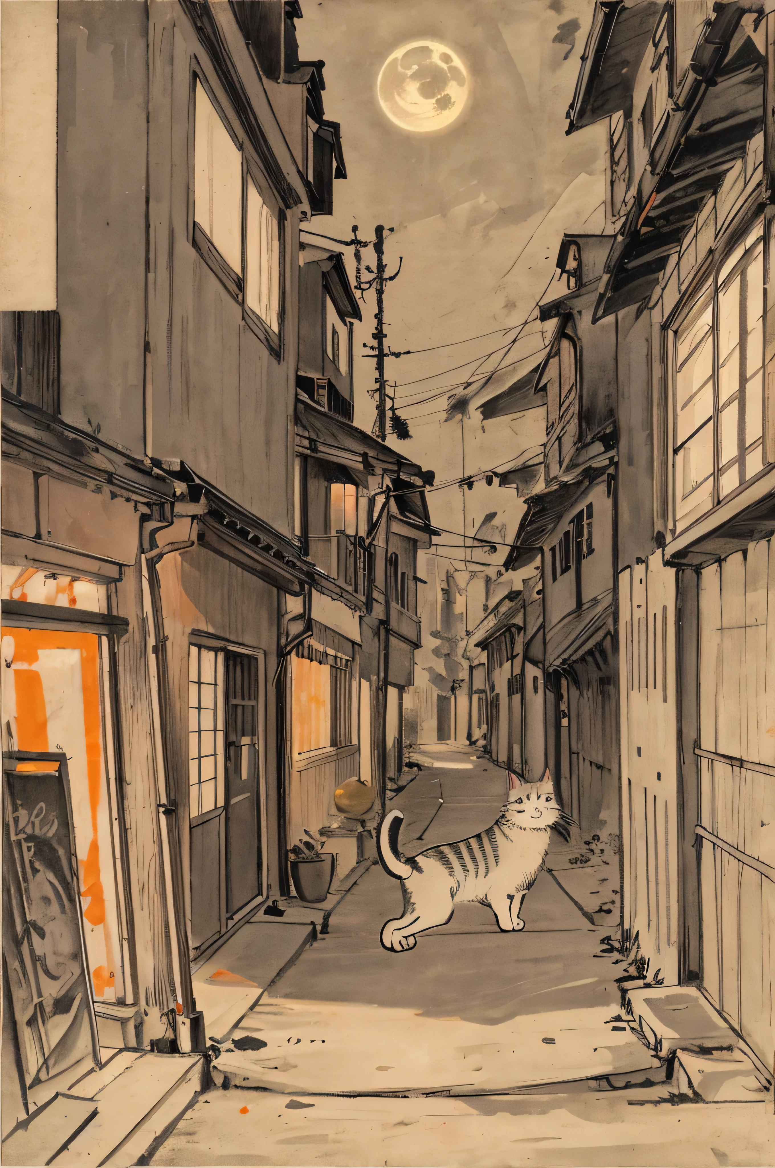cat, orange, cute, big eyes, masterpiece, full moon, alley