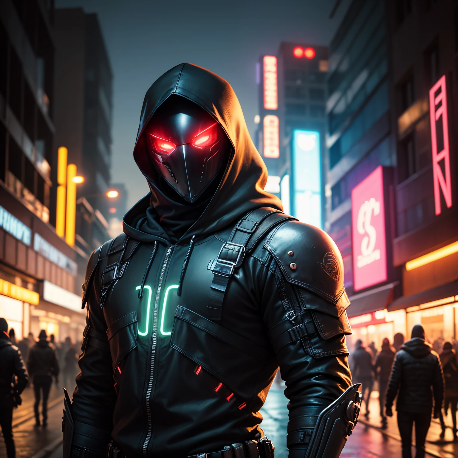 Masked Man with superior quality realistic hood, neon eyes, strong body, ultra realistic shadows, realistic skin and texture, in a cyberpunk night scene.