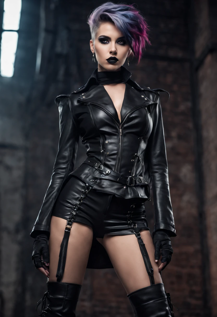A sexy, edgy, goth girl with a slim figure, wearing high black boots and sporting a bold hairstyle. The girl has detailed and expressive eyes, seductive lips, and long eyelashes. She exudes confidence and sophistication. The girl's outfit consists of rubber and leather materials, with a hip panty and a crop top that accentuates her figure. The overall image is of best quality, with high resolution and ultra-detailed rendering. The colors are vivid, and the lighting creates a dramatic and mysterious atmosphere.