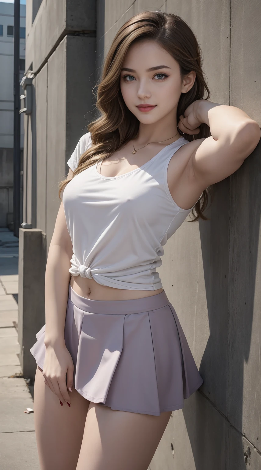 24-year-old woman、Hair color is brunette、Eye color is blue、Longhaire、wearing eye shadow and lipstick、Slender but well-proportioned muscular body、a smile、Beautiful breasts、I'm wearing a T-shirt that's too small、I can see the lower breasts、My abs are cracked、I can see the navel、She's wearing a tight skirt with a deep slit.、my hair is tied up、I'm wearing lace-up sandals、on an old concrete wall、I can see the lower breasts
