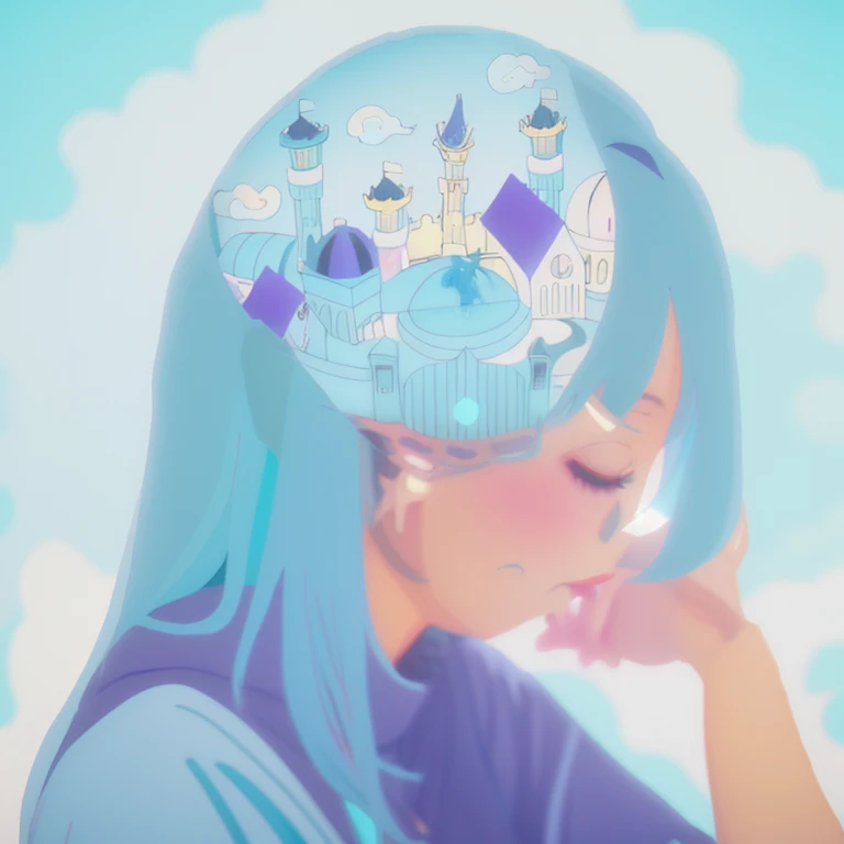 anime Girl with blue hair and a purple hat with a city in the background, mind character, dreamy psychedelic anime, Two-dimensional anime style, Russian matryoshka doll brain, Two-dimensional anime, anime illustrations, soft anime illustration, Girl with blue hair, I will deny this, anime illustration, Profile of anime girls, blue brain, Anime style illustration, Cyan hair anime girl