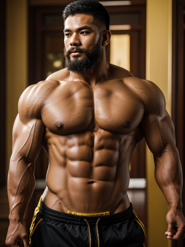 Master piece, Best quality, Super-resolution, Depth-of-field, Thai male, Bodybuilder, Muscular posture,Beard,