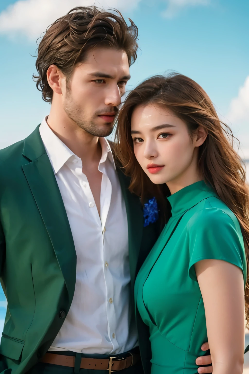 A man and girl,primitive, Masterpiece, ultra fine photos, Best quality, Ultra-high resolution, Realistic, Sunny, full-body portraits, Amazing man, Dynamic posture, exquisite face, Vibrant eyes, Very detailed background, Detailed face, detailed tidy background, Gorgeous, High detail skin, Realistic skin details, Visible pores, Clear focus, volume fog, 8K UHD, Digital SLR, High quality, filmgrain, Fair skin, Realism,(((Handsome man and beautiful girl:1.4)))