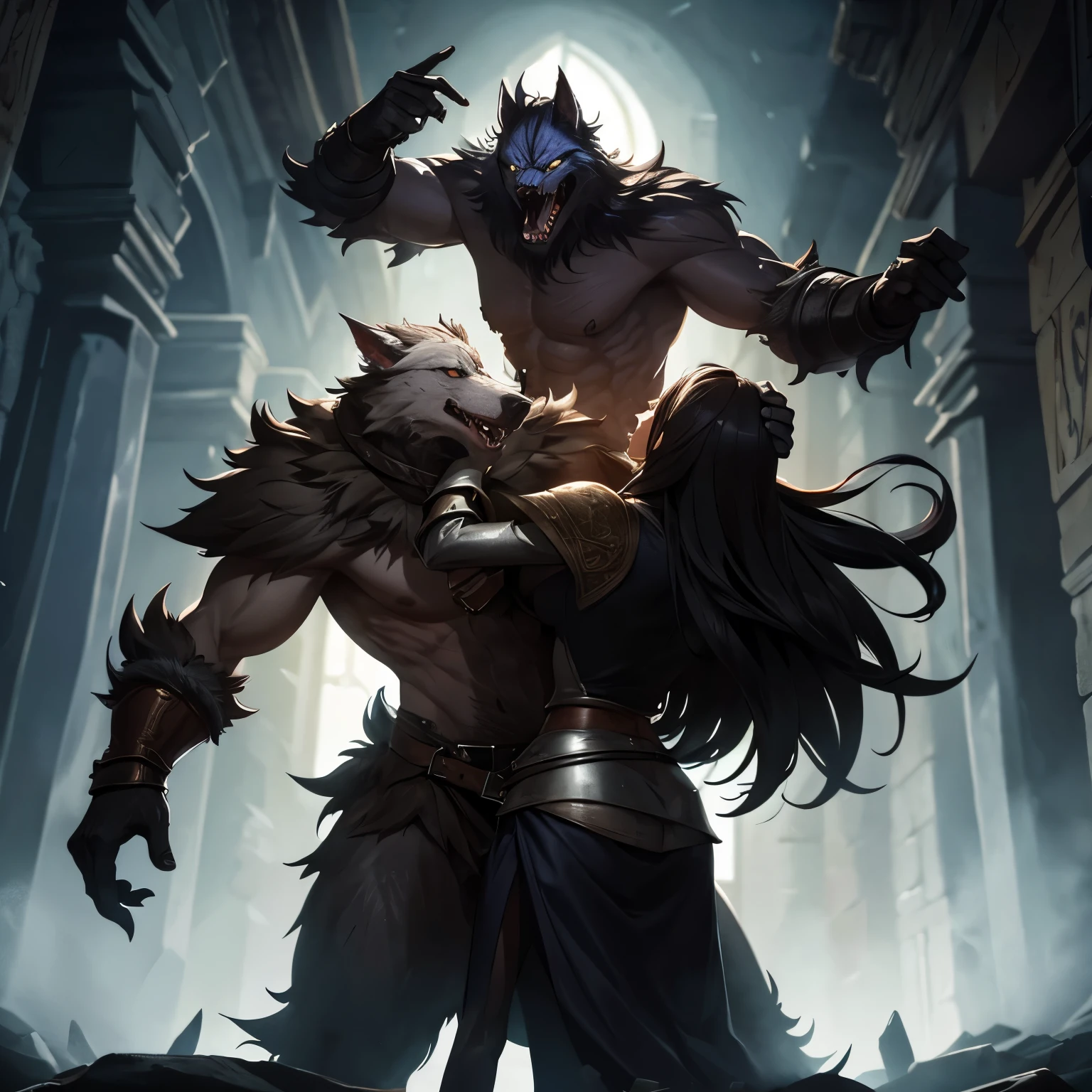 Fight between two werewolves from medieval times, Gloomy Illumination.