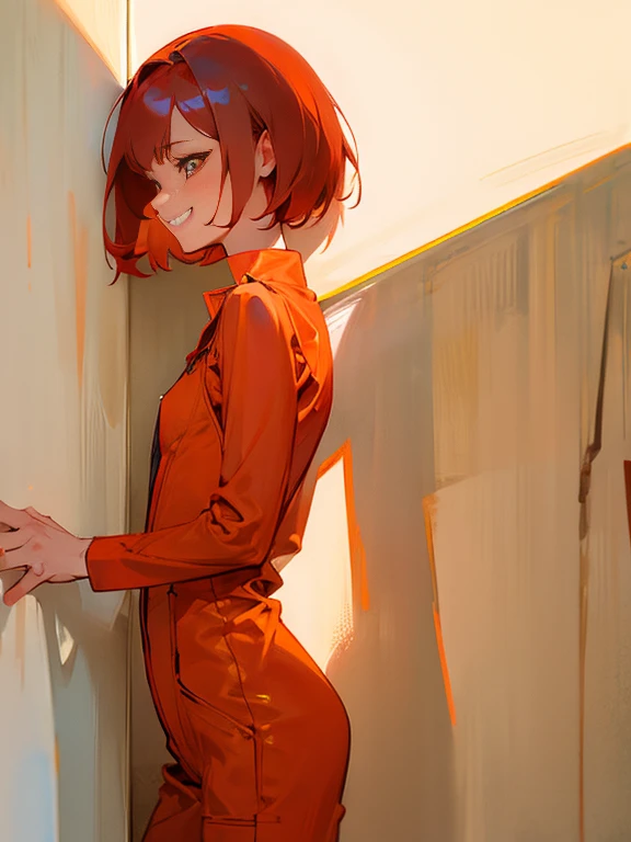 A figure peering out from the shadow of the wall、Slim type、small tits、Female Android、red hair short cut、A woman wearing an orange jumpsuit、Laughing face、