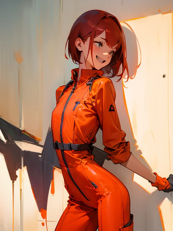 A figure peering out from the shadow of the wall、Slim type、small tits、Female Android、red hair short cut、A woman wearing an orange jumpsuit、Laughing face、