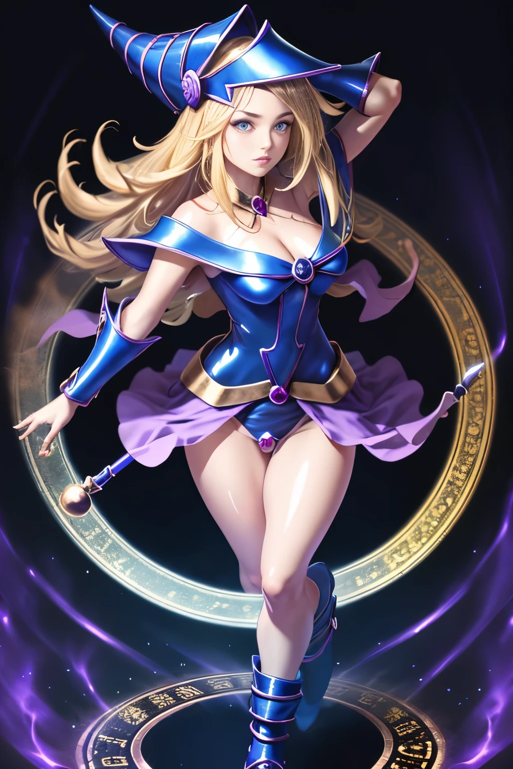 ultra-detailed, extremely detailed, masterpiece, highest quality, best quality, absurdres, highres, dark magician girl, (1girl:1.2), solo, detailed face, dynamic pose, hair flow, (full body:1.1), blonde hair, long hair, looking at viewer, green eyes, skindentation, detailed skin, skin pores, (shiny skin, glossy skin:1.1), rosy skin details, breasts, nail polish, skirt, blue footwear, blue headwear, wizard hat, wand, holding hat, (blue panties:0.9), (summoning circle:1.1), hexagram, pentacle, pentagram, yu-gi-oh!, duel monster, purple magic field, glow, detailed background, intricate background,
