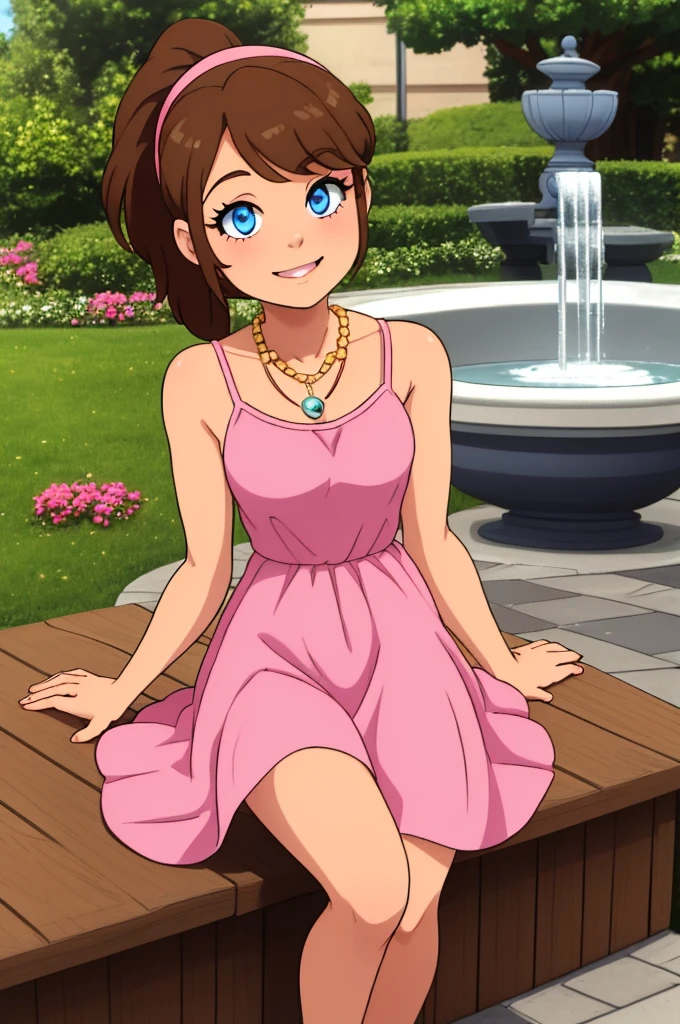 Best lighting, 1 girl, solo, brown hair, medium hair, ponytail, pink Hairband, blue eyes, bare arms, pink maxi dress, little pink dress, golden necklace, pink slipper, smile, cowboy shot, sitting in a park bench, garden, water fountain, beautiful, best quality,