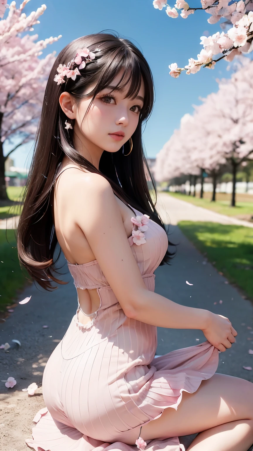 (A logo、​masterpiece、8K、masutepiece、Raw photo、Fantastic、Best Quality、フォトリアリスティックでighly detailedな CG 統合 8k 壁紙、hightquality、ighly detailed、epic poem、Particle effect、Dynamic effects、depth of fields、Cinematic Light、Lens Flare、Ray tracing)、Fantasia、 (Beauty 1 person、doress、Dress、Cherry blossom pattern、A dark-haired、Beautiful face、Real Face、beautiful details eyes beautiful skin)、髪がthe windで踊る、Hair flutters in the wind、Hair jumps、Pink cherry blossom tree、Petals flutter、Sakura blizzard、Superb view、morning glow、Sun in the background、the wind、