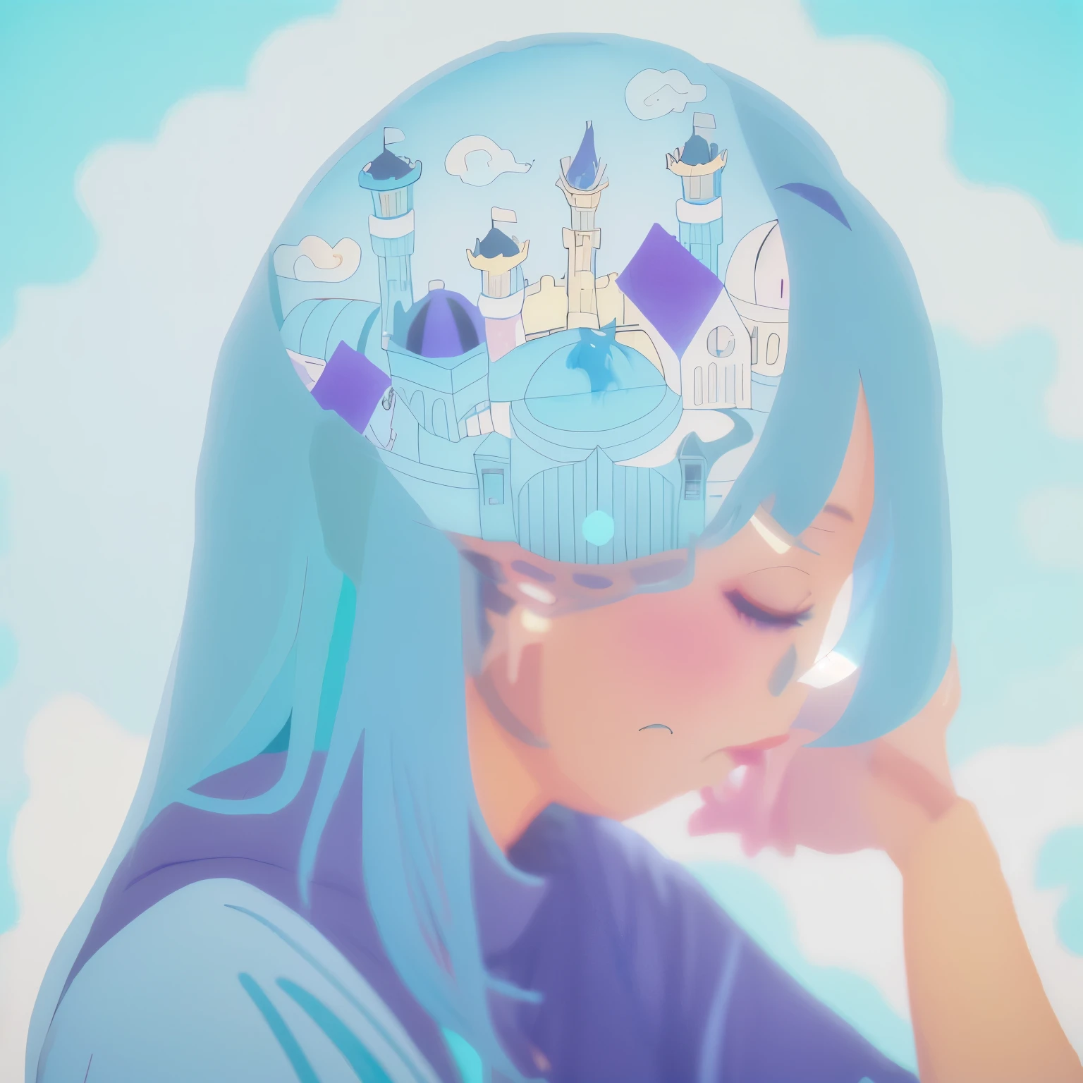 anime Girl with blue hair and a purple hat with a city in the background, mind character, dreamy psychedelic anime, Two-dimensional anime style, Russian matryoshka doll brain, Two-dimensional anime, anime illustrations, soft anime illustration, Girl with blue hair, I will deny this, anime illustration, Profile of anime girls, blue brain, Anime style illustration, Cyan hair anime girl