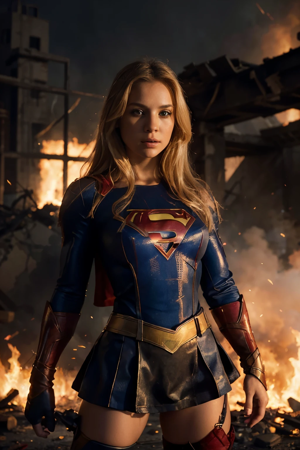 Create an image with advanced image quality and resolution, featuring super detailed, blond bomb shell depiction of a blonde hair woman wearing a sexy Supergirl-inspired outfit. Position her at the center of the composition, with a war-torn backdrop engulfed in flames. Ensure the portrayal of the intricacies of the costume, capturing textures and unique features. The fiery war scene should be realistically rendered, incorporating elements such as smoke, debris, and dramatic lighting effects. This image is intended to convey a powerful and visually engaging scene, combining the strength of the sexy Supergirl attire with the urgency and chaos of the war setting.