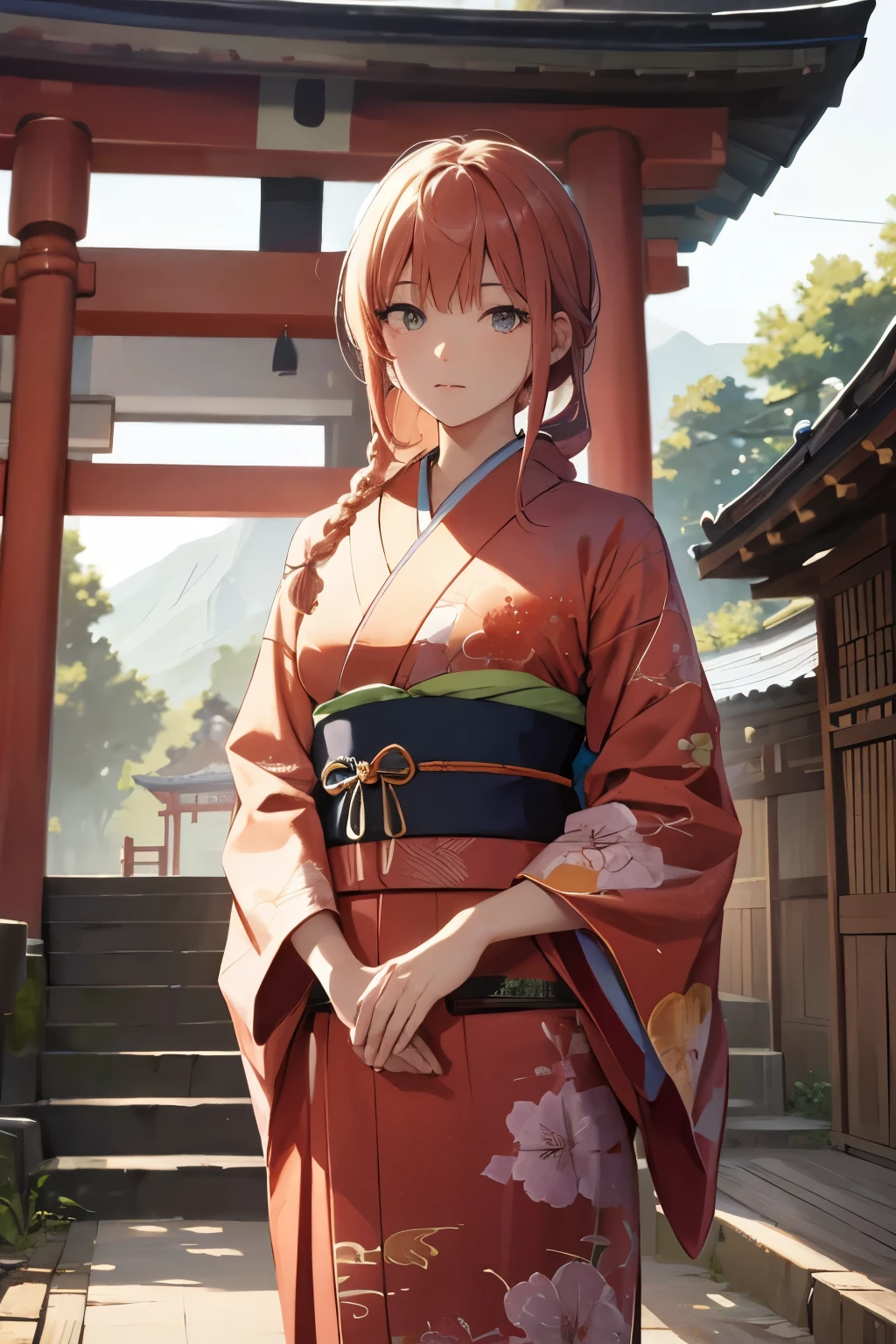 masterpiece,highres,high quality,extremely detailed,solo,looking at viewer, ChizuruMizuhara,1girl, side braid, kimono,cowboy shot,shrine,