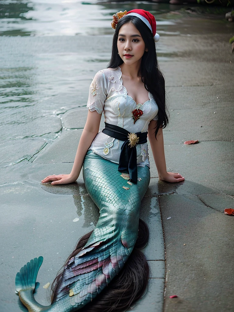 mermaid wear kebaya, mermaid, white kebaya, santa hat, 1girl, long hair, black hair, black eyes, mermaid tail, water, looking at viewer, cute