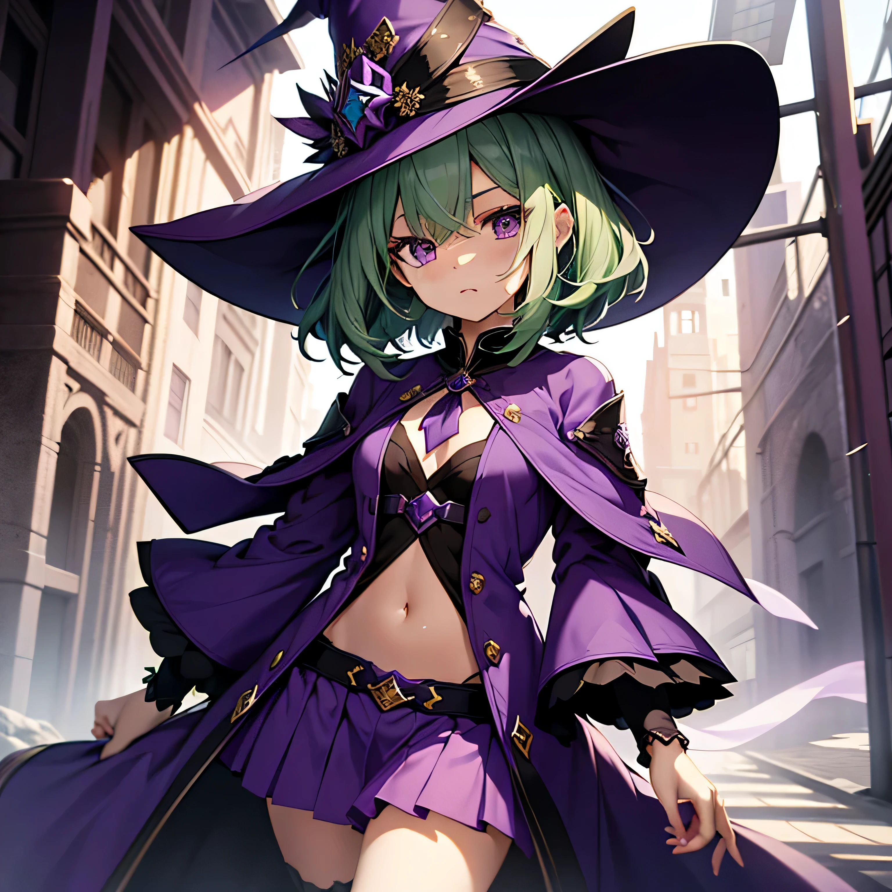 top-quality、extremely delicate and beautiful、(A age girl)、Purple Eye、Beautiful detailed purple eyes、Green hair、short-haired、(purple witch hat)、Purple tie、Soio、shortsleeves、Purple skirt、Purple Wizard Robe、Navel、is standing、Facing the front
