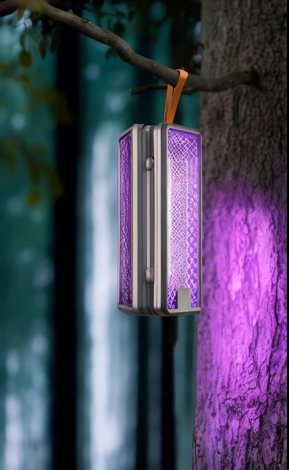 there is a Violet light hanging from a tree in the woods, purple ambient light, cool Violet lighting, purple volumetric lighting, Beautiful lighting, Violet light, pretty colors, cool purple gray light, moody purple glow, Purple light, lit up, Lead, author：Matthias Koroth, Violet lights, the are In the background, illuminating the area, Violet lighting