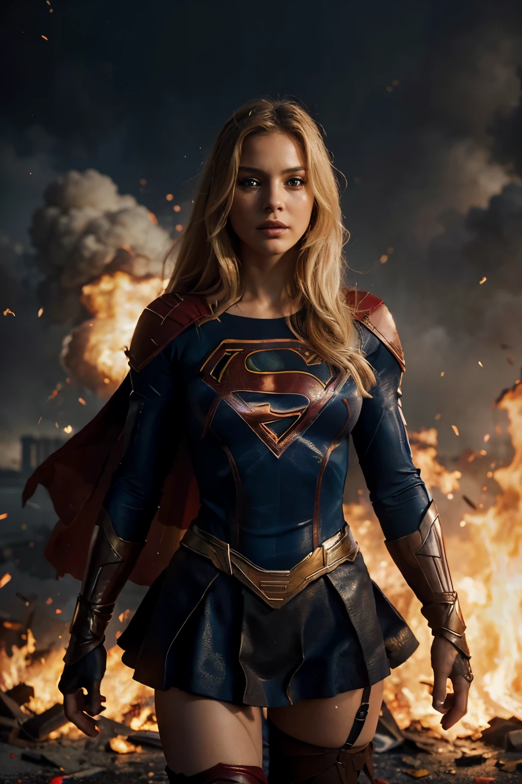 Create an image with advanced image quality and resolution, featuring super detailed, blond bomb shell depiction of a blonde hair woman wearing a sexy Supergirl-inspired outfit. Position her at the center of the composition, with a war-torn backdrop engulfed in flames. Ensure the portrayal of the intricacies of the costume, capturing textures and unique features. The fiery war scene should be realistically rendered, incorporating elements such as smoke, debris, and dramatic lighting effects. This image is intended to convey a powerful and visually engaging scene, combining the strength of the sexy Supergirl attire with the urgency and chaos of the war setting.