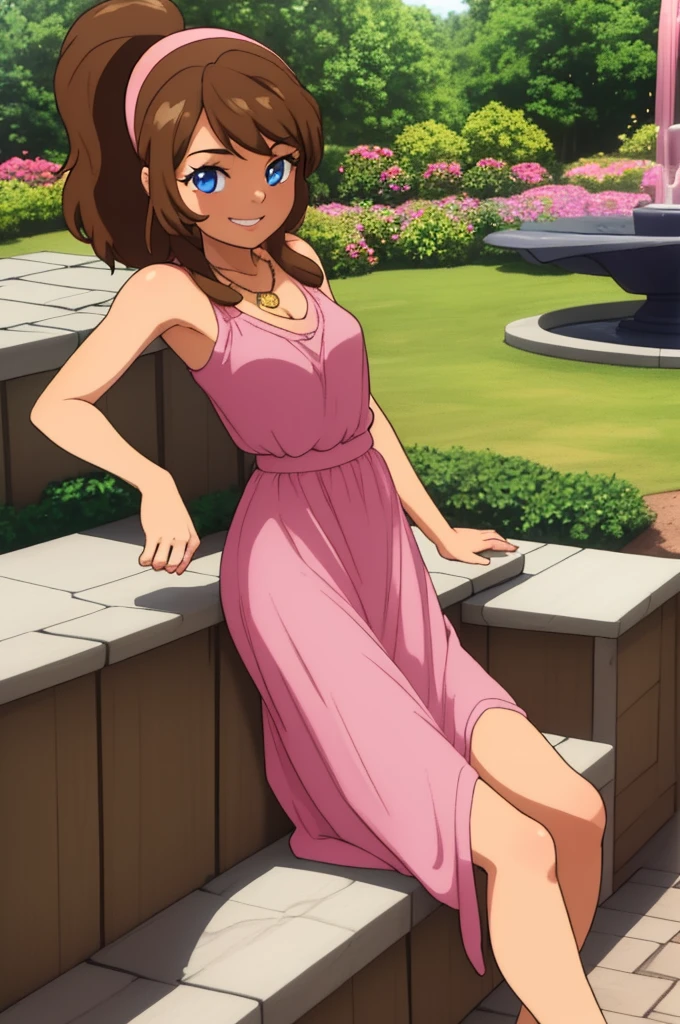 Best lighting, 1 girl, solo, brown hair, medium hair, ponytail, pink Hairband, blue eyes, bare arms, pink maxi dress, little pink dress, golden necklace, pink slipper, smile, cowboy shot, sitting in a park bench, garden, water fountain, beautiful, best quality,