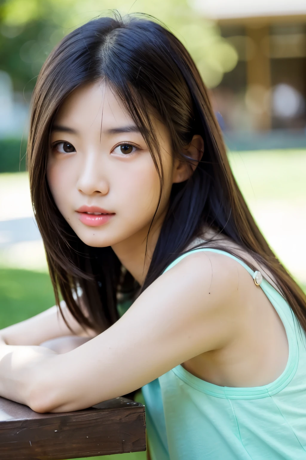 ((best quality)), ((masterpiece)), (detailed), perfect face, woman on bench