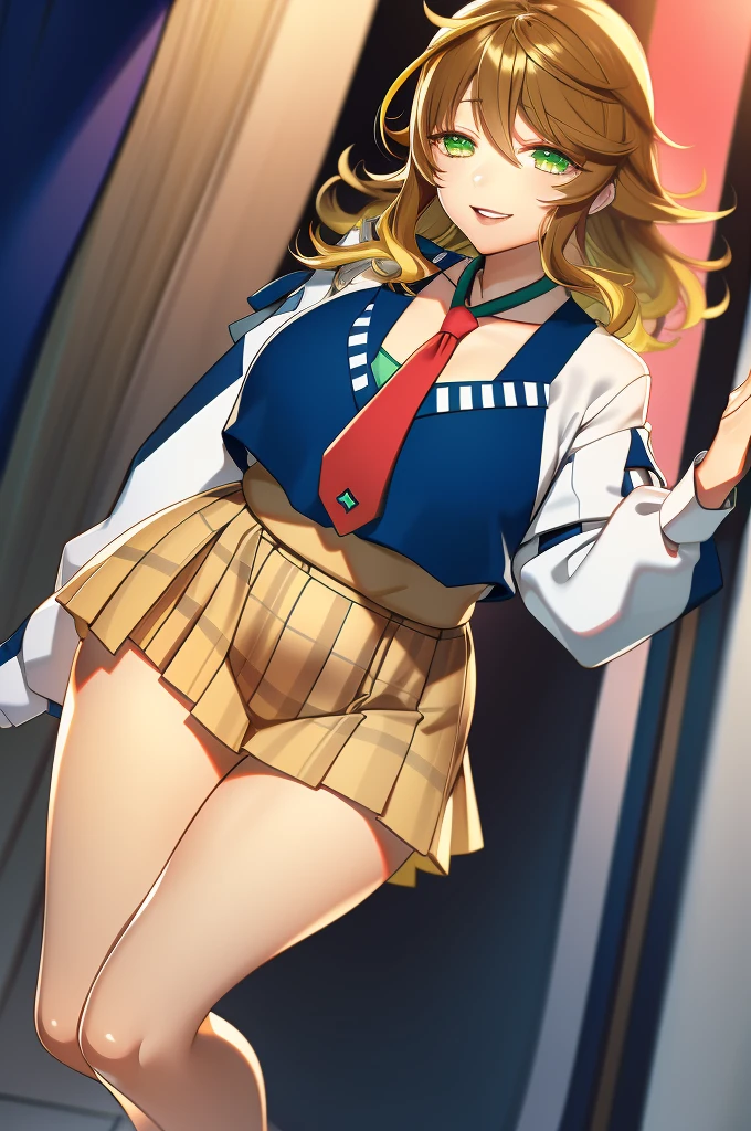 amicia michella - nijisanji, anime style, 1girl, detailed brown short hair, yellow inner hair, wavy thick hair, green eyes, thin lips, painted lips, shy smile face, wide hips, thick thighs, huge round ass, shiny oily breasts, white shirt, navy blue necktie, light blue pleated skirt, plaid pleated skirt, gyaru, full body, sunset, city