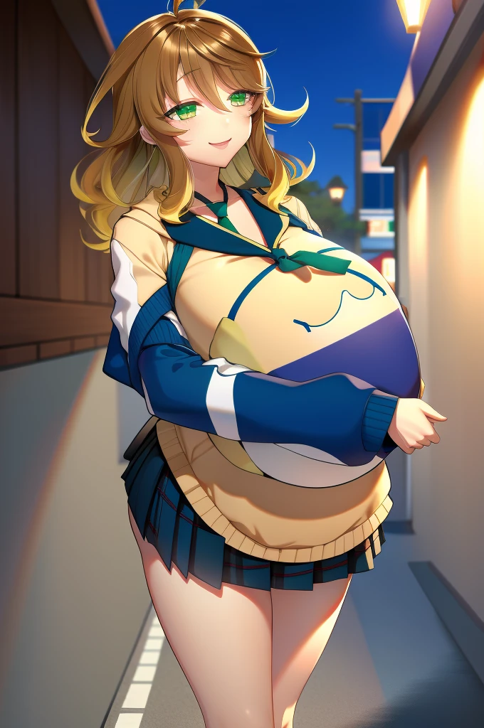 amicia michella - nijisanji, anime style, 1girl, detailed brown short hair, yellow inner hair, wavy thick hair, green eyes, thin lips, painted lips, shy smile face, wide hips, thick thighs, huge round ass, shiny oily breasts, white shirt, navy blue necktie, light blue pleated skirt, plaid pleated skirt, gyaru, full body, sunset, city