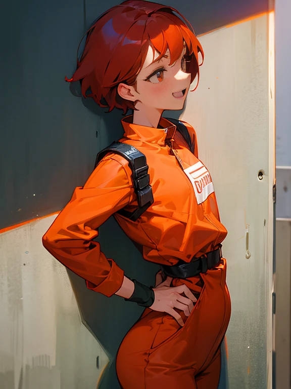 A figure peering out from the shadow of the wall、Slim type、small tits、Female Android、red hair short cut、A woman wearing an orange jumpsuit、Laughing face、