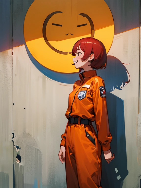 A figure peering out from the shadow of the wall、Slim type、small tits、Female Android、red hair short cut、A woman wearing an orange jumpsuit、Laughing face、