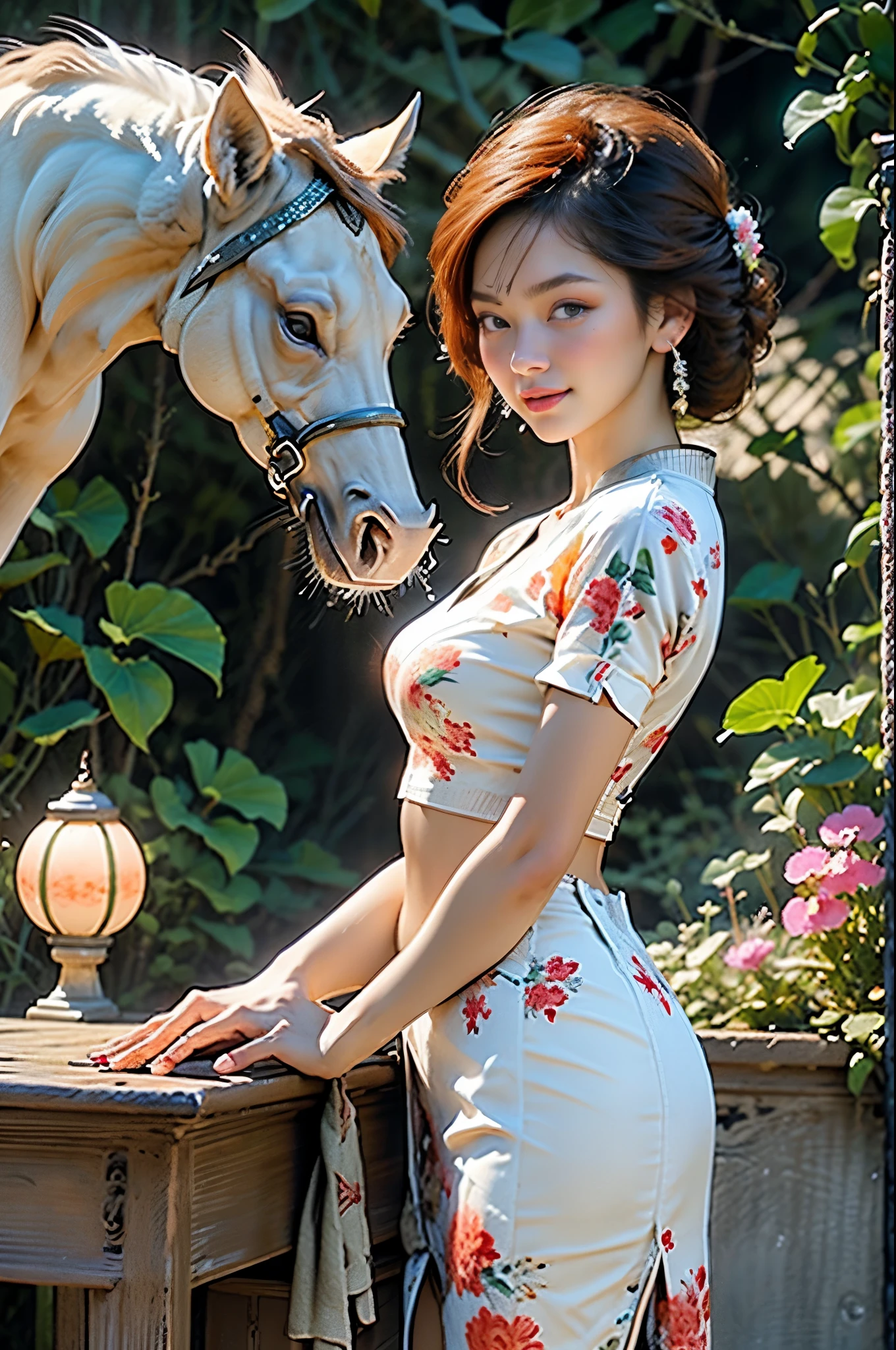 （tmasterpiece，quality，Best quality，offcial art，big breasts beautiful与美学：1.2），忧郁的lamplight，A tranquil，serenidade， 1girl， （JinxLol：1.2）， Exact proportions， 18yo Girl， skinny model lying on the grass， Surrounding gardens， shadow of the tree， VERMEHO hair fluttering in the wind，gossamer，long leges，The feet are slightly open，glute，Blushlush，is shy，鎖骨，hason，Double weaving，big breasts beautiful细腻的脸，White skin of the，real looking skin，（detail in face），pores，超高分辨率，8k，参数 最佳quality，tmasterpiece，超高分辨率，（Realistic 2.0）， higher details， Detailed skins， transparent pubic hair， Hefty Smile， white teeth， voluminous red hair， perfect and well designed eyes， girlfriend， big breasts beautiful， big breasts beautiful， fresh flowers， studio lit，（s fractal art：1.1），（One color：1.1）（flowers in full bloom：1.3），Most detailed，（ tangled:1.2), (Dynamic posture), (abstract backgrounds:1.3), (Traditional Chinese fabrics:1.2), (Skin glows), (Lots of colors:1.4), ,(ear nipple ring:1.4)，（Decorative painting：1.6，）， lamplight,Ink painting and watercolor，ink，water ink，