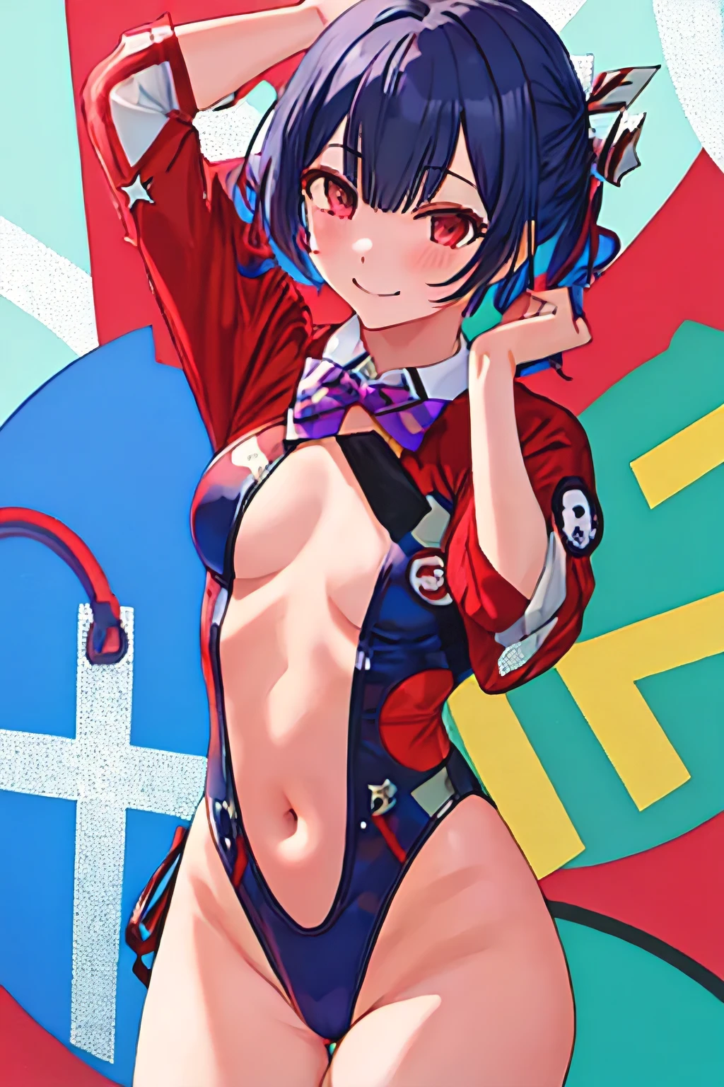 Best Quality, masutepiece, hight resolution, Solo, {Morino_rinse_Idol Star Shiny Colors:1.15}, Red_Eyes, Bangs, blush, Black_hair, Smile, Blue_hair, Short_hair, hair_ornament detached, Closed_Mouth, 1girl in,  (hinomaru leotard)、highleg、up looking_で_viewer,, See-through