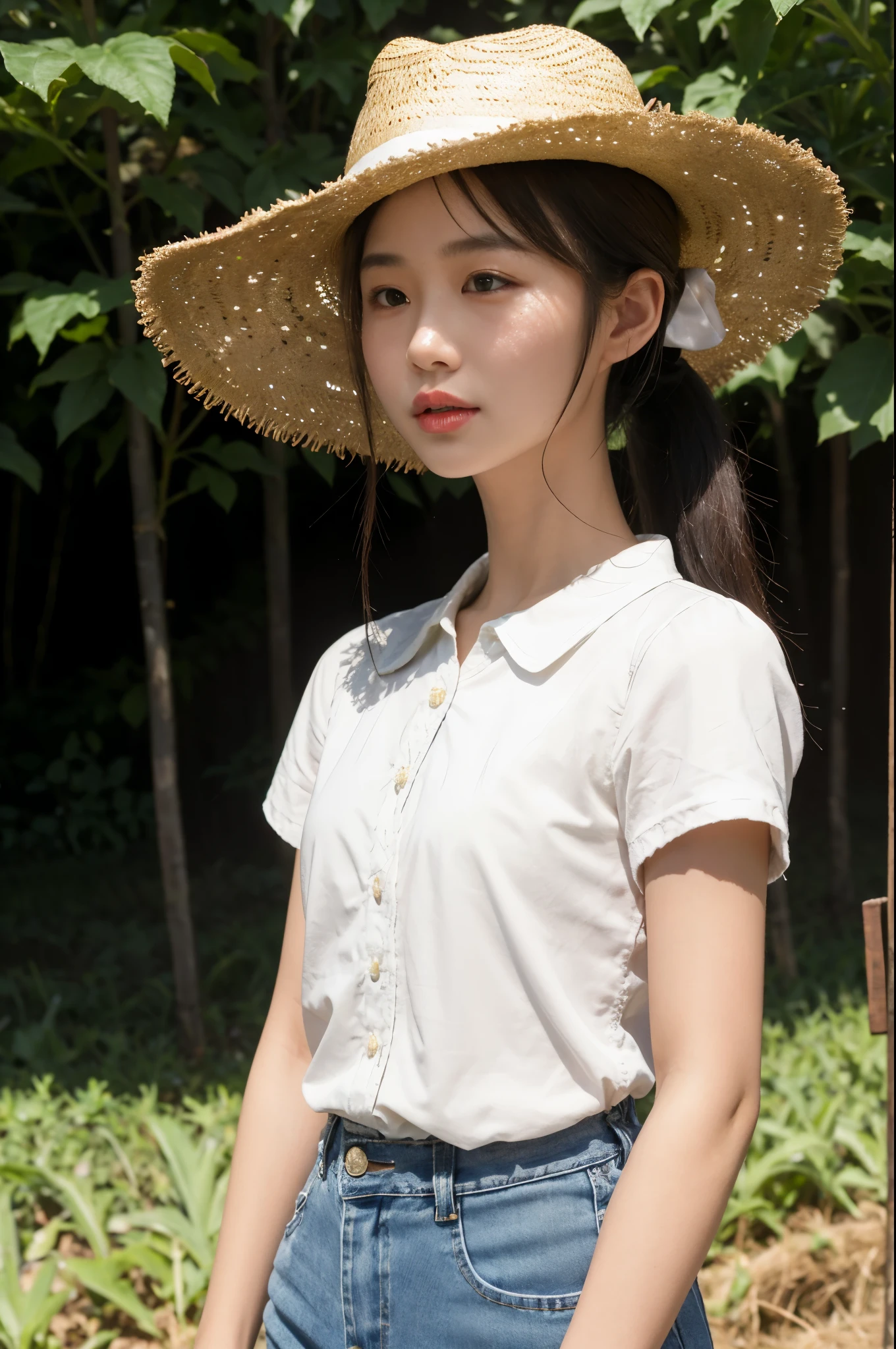 (realistic:1.3), finely detailed, quality, rembrandt lightinasterpiece:1.2), (photorealistic:1.2), (best quality), (detailed skin:1.3), (intricate details), dramatic, ray tracing, 1girl,straw hat,very short ponytail, 21 years old,small head,small face,small breasts,slim,thin,white collared shirt,denim panteadow, Sun, Clouds, Field,harvested farmland, Farming, Starlight, Walking trail)
