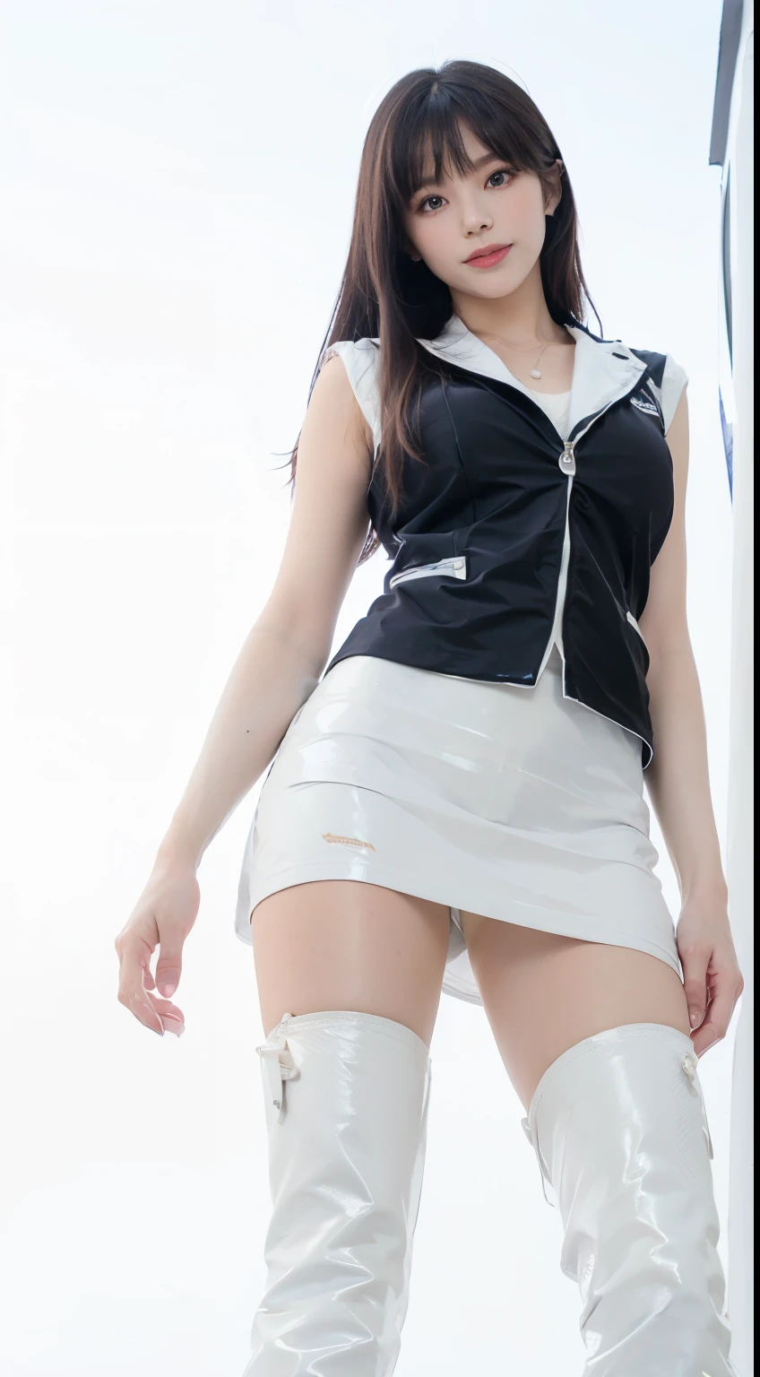 HD, masterpiece, Best Quality, ultra-detailliert, pov, 1womanl, 25 years old, super detailed beautiful eyes, Long light brown hair, bangs, Race Queen, blue and white dress set, (blue nylon sleeveless jacket top:1.2), sponsor logos on jacket, (white nylon tight short skirt dress set:1.6), (pantyhose under skirt:1.4), (White tight vinyl boots:1.8), below knee boots, sexy pose, Seductive smile, 细致Background with, Background with: (Car Racing Venues:1.3), Very beautiful legs, (view from below:1.5),