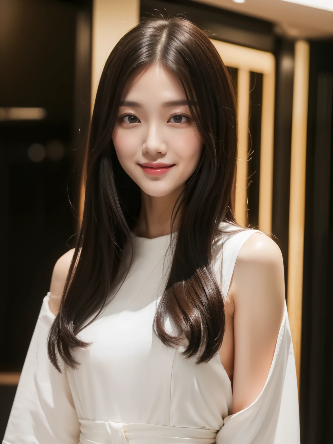 ((Top quality, 8K, Masterpiece: 1.3)), Beautiful girl, Pure, Melon face, Kind and cute, Sweet smile, Pure desire, Slender body, (Front), (Tilted head), ((Looking at camera) ), wearing a casual suit, long black silky hair, long flowing shoulders, round black big eyes, clear big eyes, moist red lips, sweet, standing, hotel front background, (((whole body))),