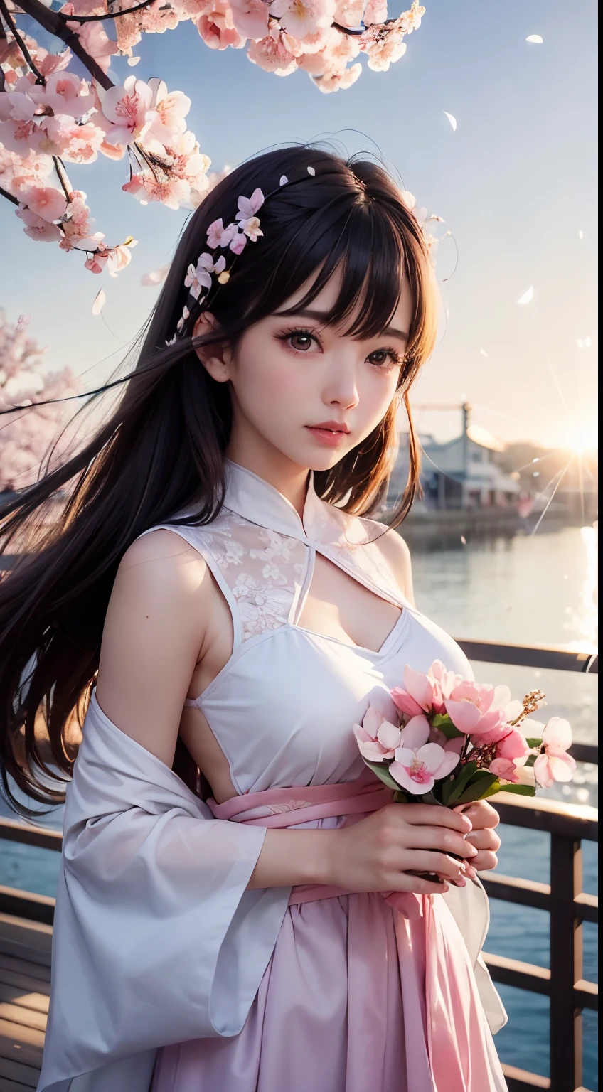 (A logo、masterpiece、8K、masutepiece、Raw photo、Fantastic、Best Quality、フォトリアリスティックでighly detailedな CG 統合 8k 壁紙、hightquality、ighly detailed、epic poem、Particle effect、Dynamic effects、depth of fields、Cinematic Light、Lens Flare、Ray tracing)、Fantasia、 (Beauty 1 person、doress、Dress、Cherry blossom pattern、A dark-haired、Beautiful face、Real Face、beautiful details eyes beautiful skin)、髪がthe windで踊る、Hair flutters in the wind、Hair jumps、Pink cherry blossom tree、Petals flutter、Sakura blizzard、Superb view、morning glow、Sun in the background、the wind、