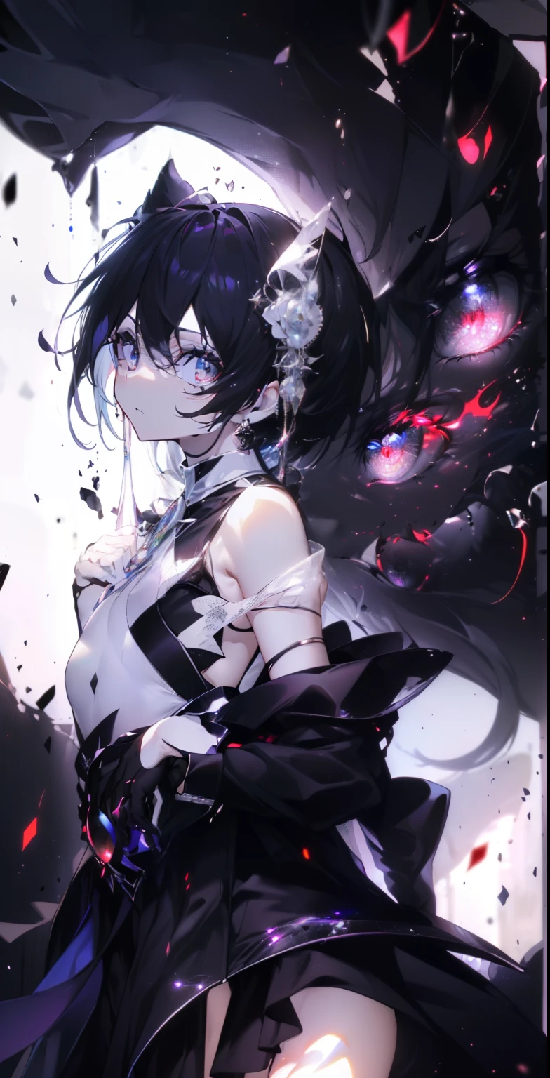 (tmasterpiece, Best quality, 超高分辨率), 1个Giant Breast Girl, Permanent, 校服, White office shirt, a black pleated skirt, ((Black, Black hair:0.7), Cut your hair long, pale-skinned, ((紫色 The eye)), glowing_The eye, neon The eye, (ultra detailed The eye, beautiful and detail face, detailed The eye:0.9), ((at centre)), ssmile, ((广角镜headacing to audience, Line of sight height, (black Background with, ember, firey), flatchest, looking at viewert, ((half closed The eye)), ((Perfect hands)), (((heads, arma, glute, elbows, in sight))), ((Place your hands behind your back)), empty The eye, beautiful light up, Background with, clear subject, 25 age old, perfect anatomia, perfect bodies,Kiriko