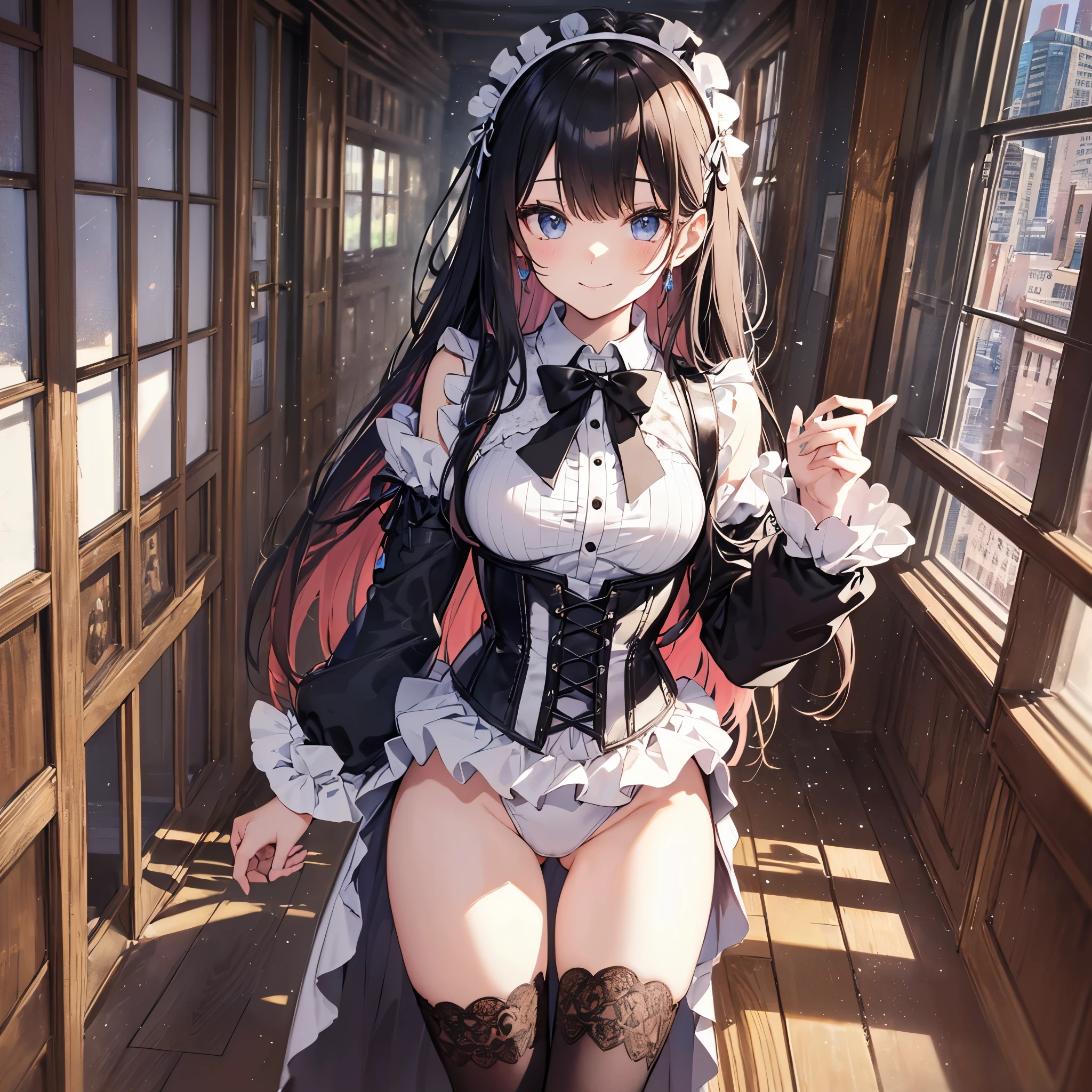 ((4k、8k、top-quality、perfect fingers: 1.3、perfect anatomia: 1.3、Background blur:1.1))、(Transformation Sequence)、((Two slender beautiful girls、Open your mouth and smile shyly、cute big droopy eyes、Two side up straight long hair、ars old girl、Small breasts))、((butler uniform leotard、long-sleeve、corsets、gorgeously decorated headband))、(highleg)、Standing、Full body depiction、wide Shots、Inside the aristocratic hall、