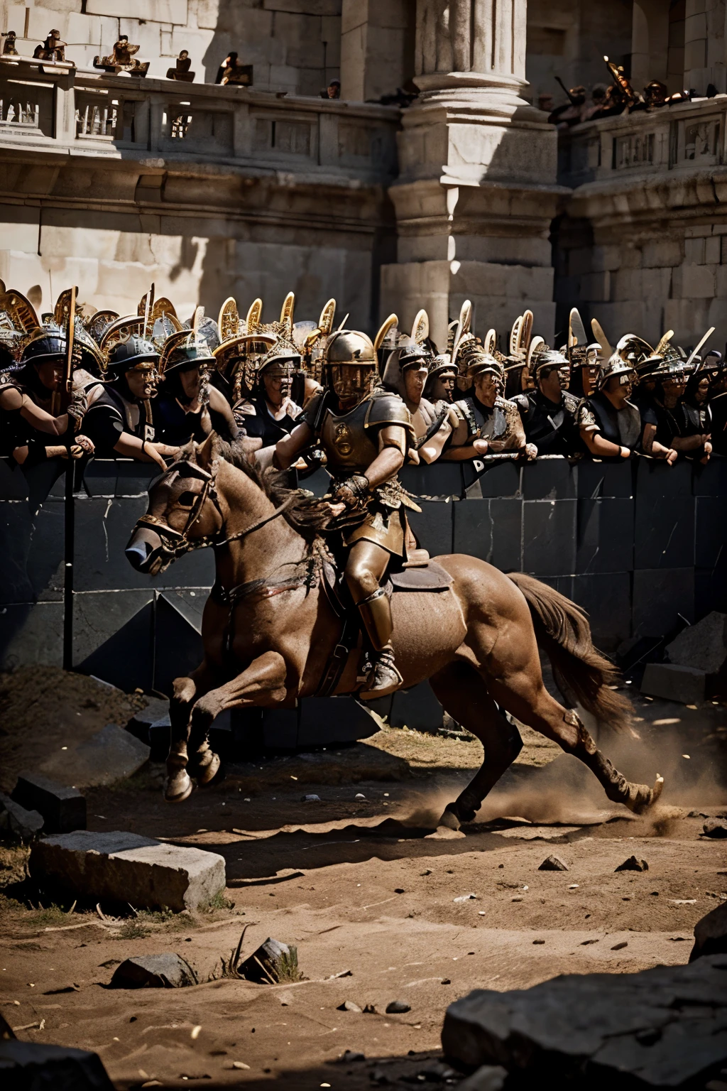 Generate an AI image showing Alexander the Great bravely facing indomitable beasts in the middle of an epic battle. Highlights the ferocity of combat and the skill of the great leader in the fight against the unstoppable