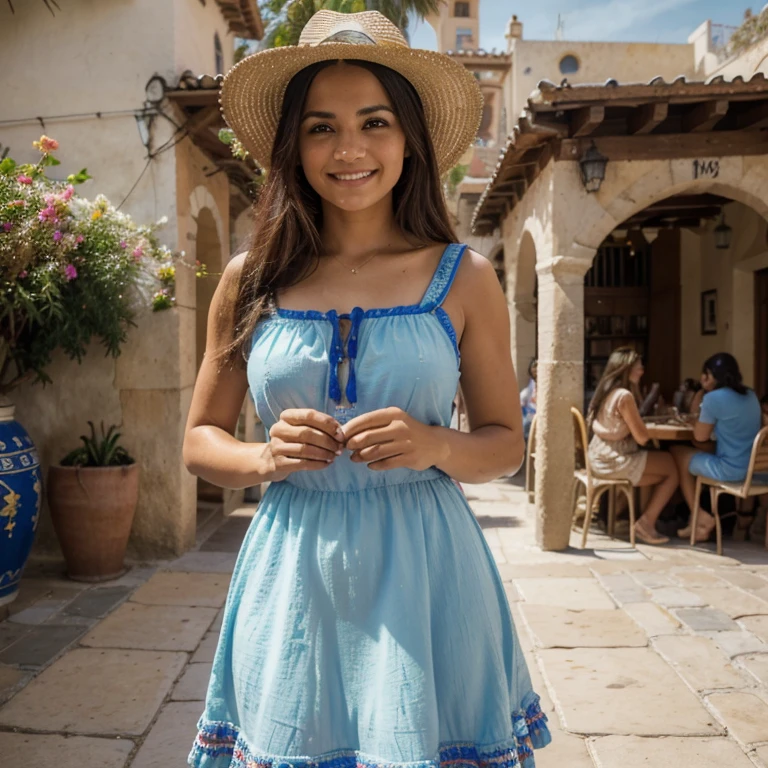 (La mejor calidad,Altas Resoluciones,Ultra detallado:1.2), HDR, vivid colors, beautiful blonde girl, Lively atmosphere, arquitectura encantadora, flores coloridas, Gente feliz, Impresionante vista, Cosy café, Comer al aire libre, Clima soleado, Vestido elegante, sombrero elegante, cheerful expression, Cabello largo y suelto, vibrantes artistas callejeros, Multitud bulliciosa, street musicians, puestos de comida deliciosos, historical monuments, pavimento de mosaico, Fuentes decorativas, Palmeras, cielo azul, warm sunshine, risas y risas, Momentos sin preocupaciones